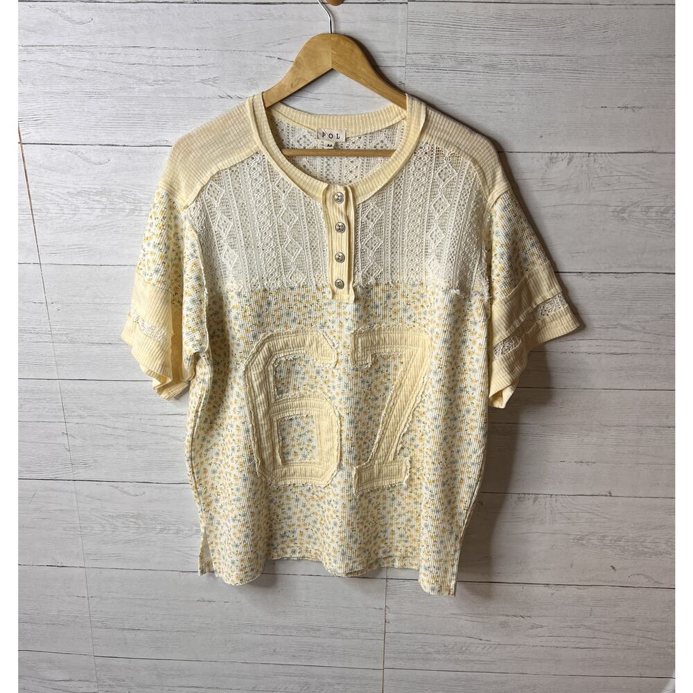 POL Top Womens Size Medium Yellow Number Floral Embroidered Button Lace Detail - Picture 3 of 16